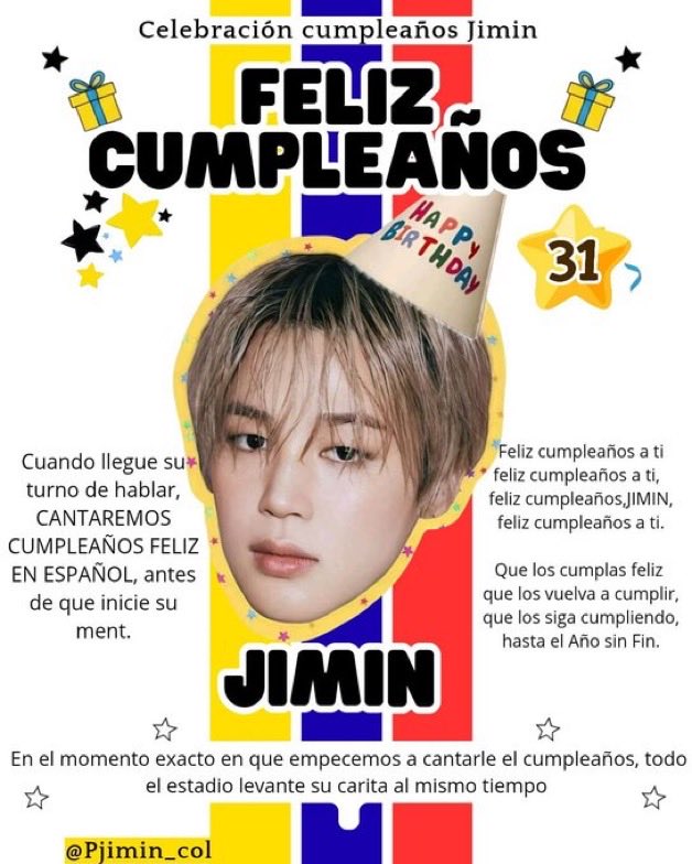 info_jimin's tweet photo. MUITO ESPECIAL! Para celebrar o Jimtober na Colômbia, a @PJiminColombia organizou esse projeto lindo e estará distribuindo 12 mil cards com o rosto do #JIMIN para que as fãs cantem “Feliz Aniversário” em espanhol durante o ment dele, no primeiro show da LATAM, que acontecerá em Bogotá. 💛

JIMTOBER EN COLOMBIA
JIMIN LIGHTS UP BOGOTA
#StageKingJimin
#JiminReyDelEscenario
#무대의제왕_지민