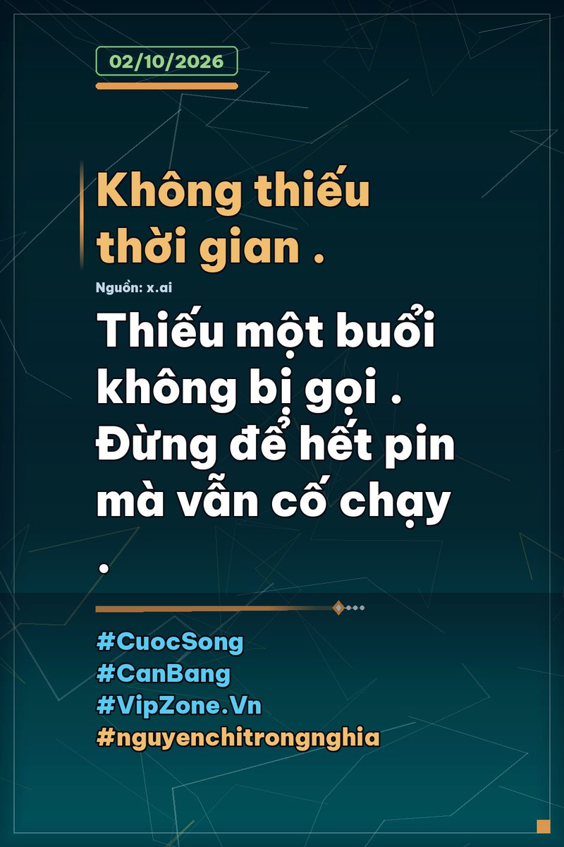 hoatanhoano's tweet photo. 🌙 Có những tối mình ngồi nhìn màn hình rất lâu mà không làm gì cả. Không phải lười — chỉ là đã hết pin .
   ❗ Cả ngày trả lời, chốt việc, xử lý chuyện của người khác. Đến tối thì không còn sức cho việc của chính mình .
   🚀 Người ta hay nói thiếu thời gian. Nhưng thời gian vẫn có — chỉ là bị cắt thành những mảnh quá nhỏ để làm được việc gì tử tế .
   ✅ Một buổi tối không bị gọi có giá trị hơn một ngày nghỉ bị chia đôi. Người lớn hiểu điều này muộn .
   💡 Nên mình tập một việc đơn giản: mỗi tối để riêng 30 phút không điện thoại, không trả lời, chỉ làm một thứ mình thích .
   🔍 Không phải để nghỉ ngơi cho ngày mai. Mà để nhớ mình là ai, ngoài những việc đang phải làm .
   📌 "Không ai chết vì thiếu thời gian. Người ta chỉ lặng lẽ hết pin rồi vẫn cố chạy."
#CuocSong #CanBang #SongCham #VipZone #nguyenchitrongnghia