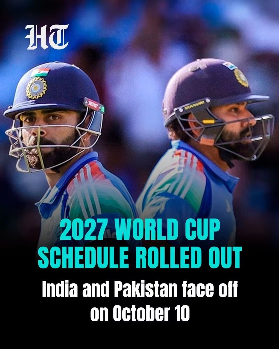 shailmart1's tweet photo. 🚨 ब्रेकिंग न्यूज़ | क्रिकेट फैंस के लिए बड़ी खबर

2027 वनडे वर्ल्ड कप का शेड्यूल जारी हो गया है।

भारत अपना पहला मुकाबला 7 अक्टूबर को ऑस्ट्रेलिया के खिलाफ खेलेगा, लेकिन 10 अक्टूबर को जो होने वाला है, उसका इंतज़ार अभी से शुरू हो गया है।

🇮🇳 भारत vs पाकिस्तान 🇵🇰
📍 जोहान्सबर्ग

और अगर दोनों टीमें सेमीफाइनल और फाइनल तक पहुँचती हैं, तो इस वर्ल्ड कप में भारत-पाकिस्तान की भिड़ंत 3 बार तक हो सकती है।

10 अक्टूबर 2027 — तारीख याद रखिए। 🏏🔥