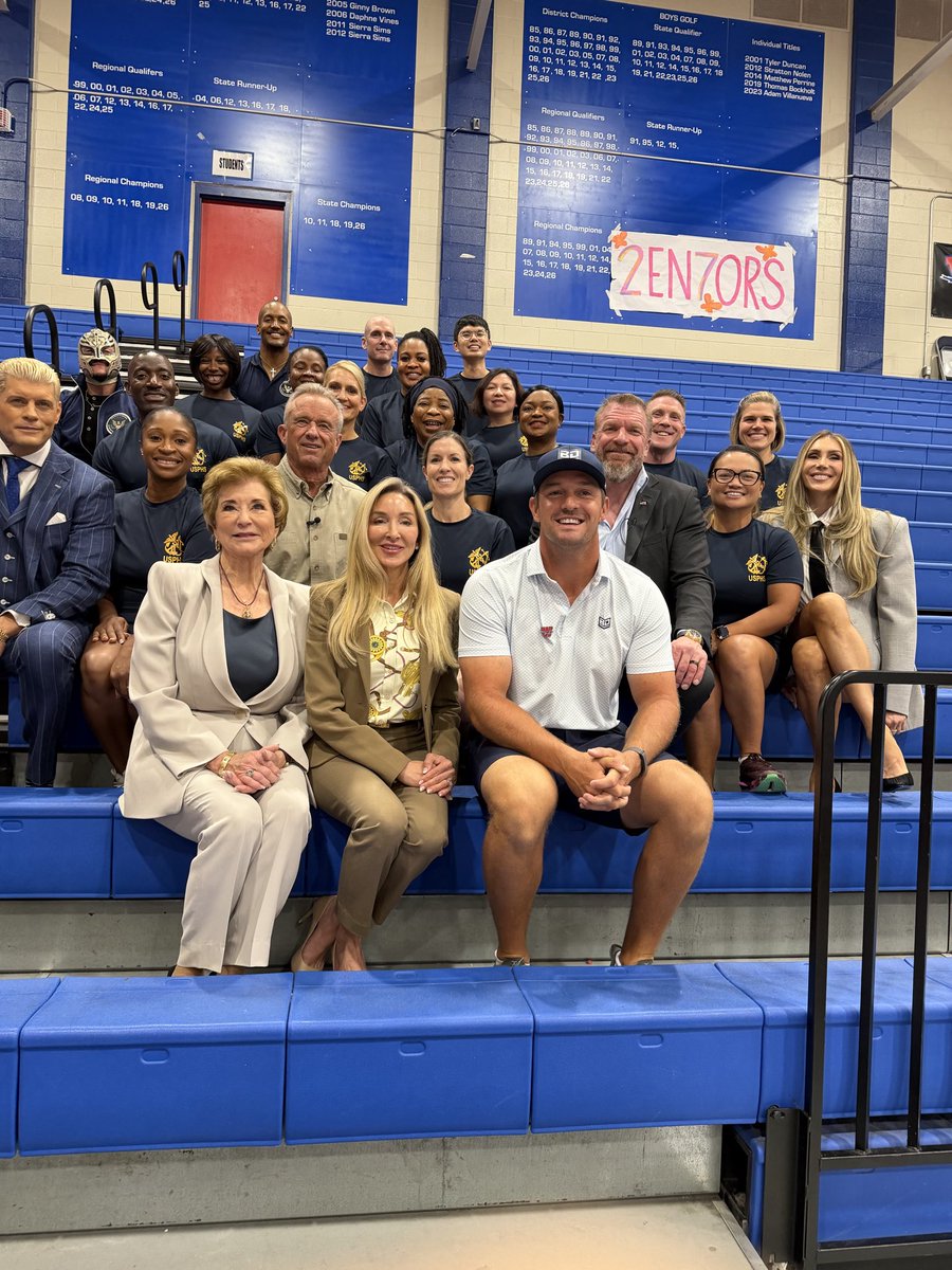 RobertKennedyJr's tweet photo. With Secretary Linda McMahon, Bryson DeChambeau, WWE Superstars Paul “Triple H” Levesque, Cody Rhodes, Rey Mysterio, Charlotte Flair, and the U.S. Public Health Service Commissioned Corps at the Presidential Fitness event at Westlake High School in Austin, Texas. https://t.co/5rJC9slEnS