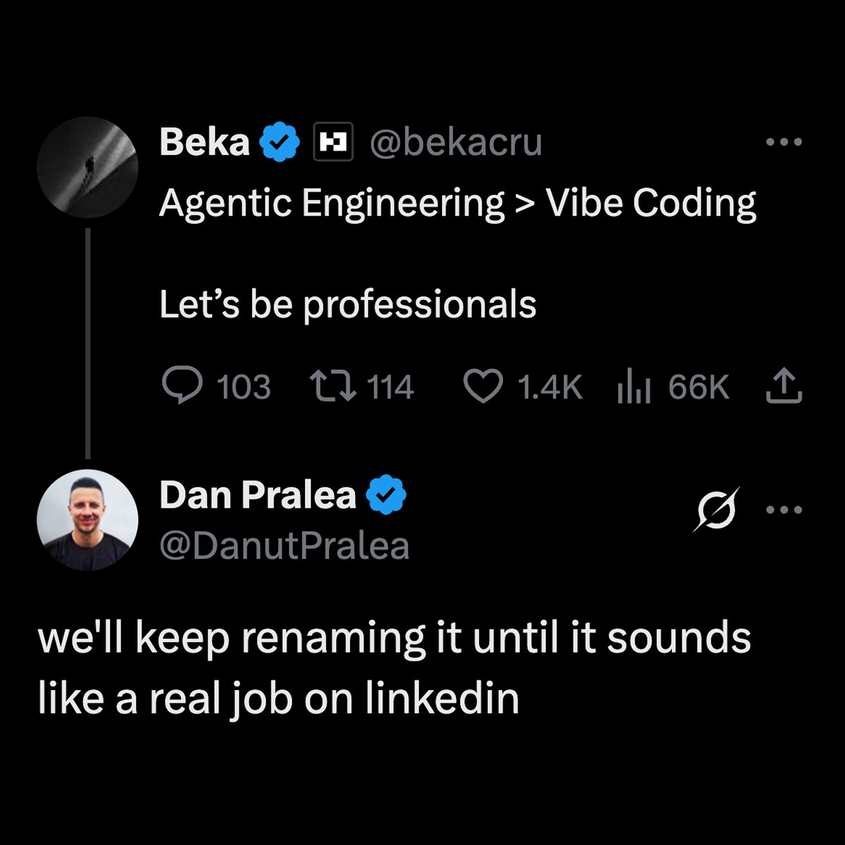 jakubjurovych's tweet photo. We’ve moved on from vibe coding to agentic engineering. 

Vibe coding = you don’t write the code, you don’t read the code. Code has security holes and hallucinations. Can be used for prototypes, nothing else. 

Agentic engineering = you don’t write the code, you don’t read the code. But the code is better than code written by a human. You can guarantee it’s correct. You can build large systems.