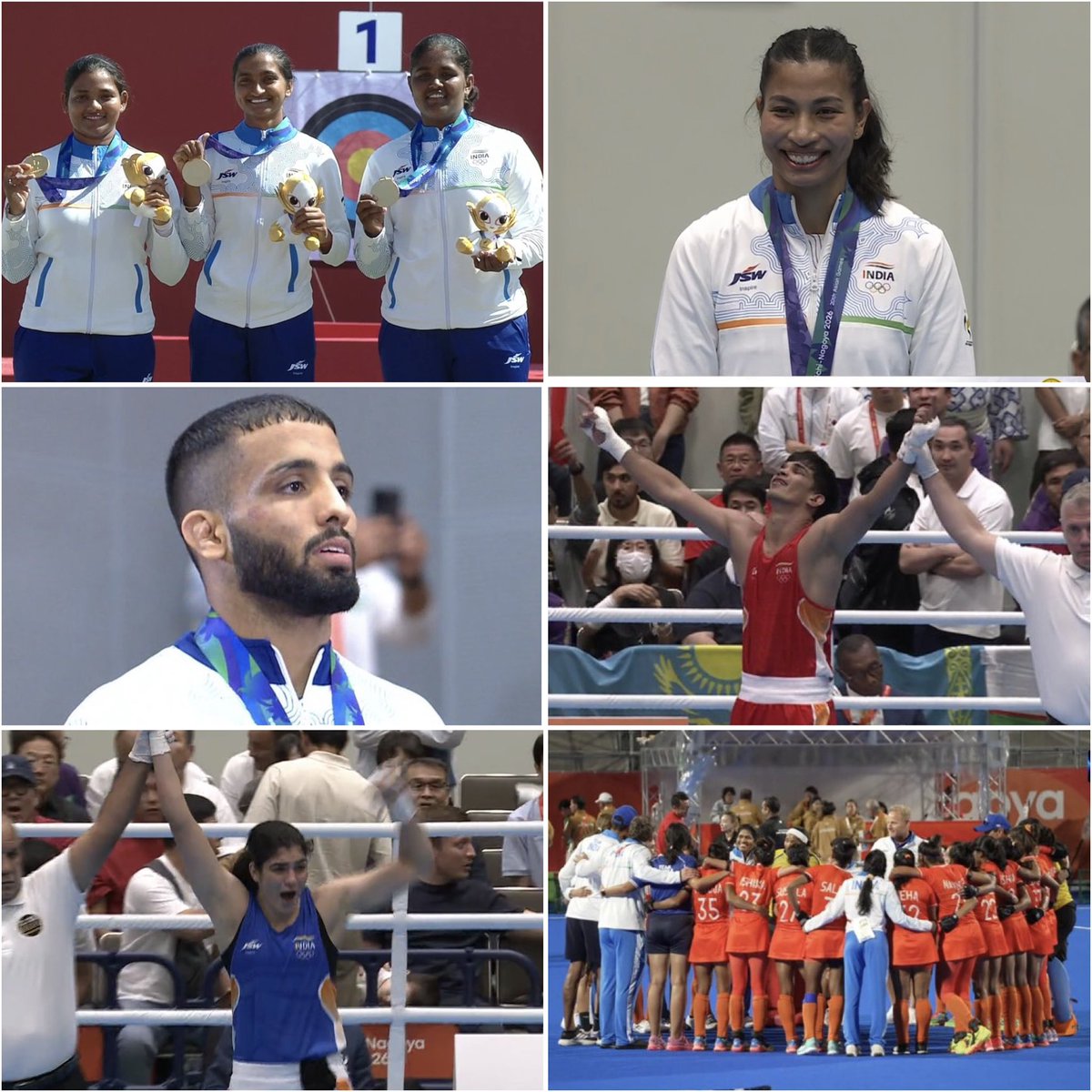 TheKhelIndia's tweet photo. India’s Medalist at Day 13 of Asian Games! 🇮🇳

🥇 Recurve Women's Team - Archery
🥇 Lovlina Borgohain - Boxing 
🥇 Parveen Hooda - Boxing 
🥇Ankush Panghal - Boxing 
🥇 Sujeet Kalkal - Wrestling 
🥇 Women’s Team - Hockey
🥈 Recurve Mixed Team - Archery  
🥈 Recurve Men's Team - Archery 
🥉 Nethra Kumanan - Sailing 
🥉 Men's Quadrant Team - Sepaktakraw 

6 GOLD 🏅 2 SILVER 🥈 2 BRONZE 🥉