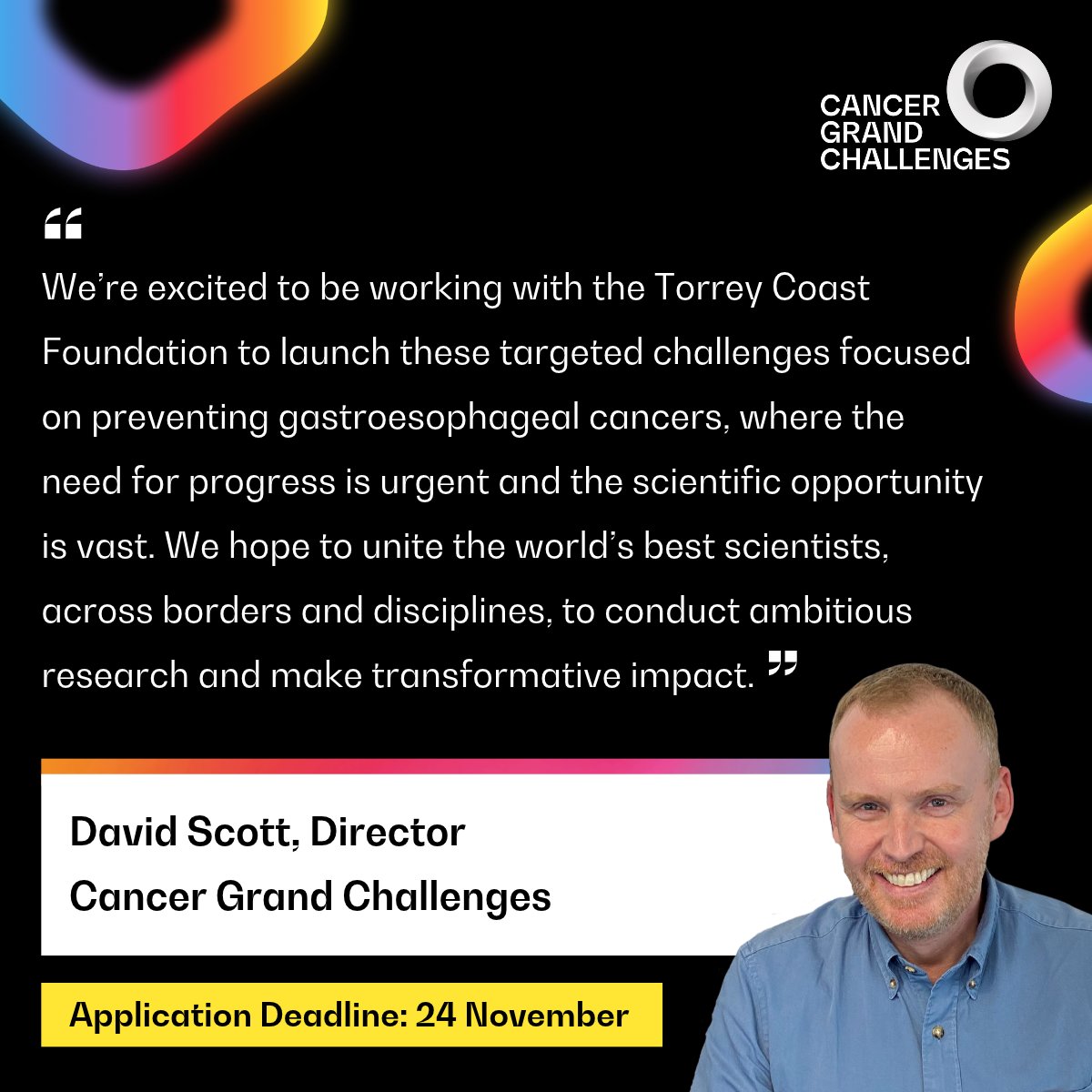 CancerGrand's tweet photo. Tackling one of the greatest unmet needs in cancer research will take bold ideas, global collaboration and long-term commitment.

That's why we're proud to be partnering with the Torrey Coast Foundation and @CR_UK on our two targeted Cancer Grand Challenges, focused on gastroesophageal cancers.

Awards of up to $34m available. Apply by 24 November: https://t.co/EvCY7pAVGN