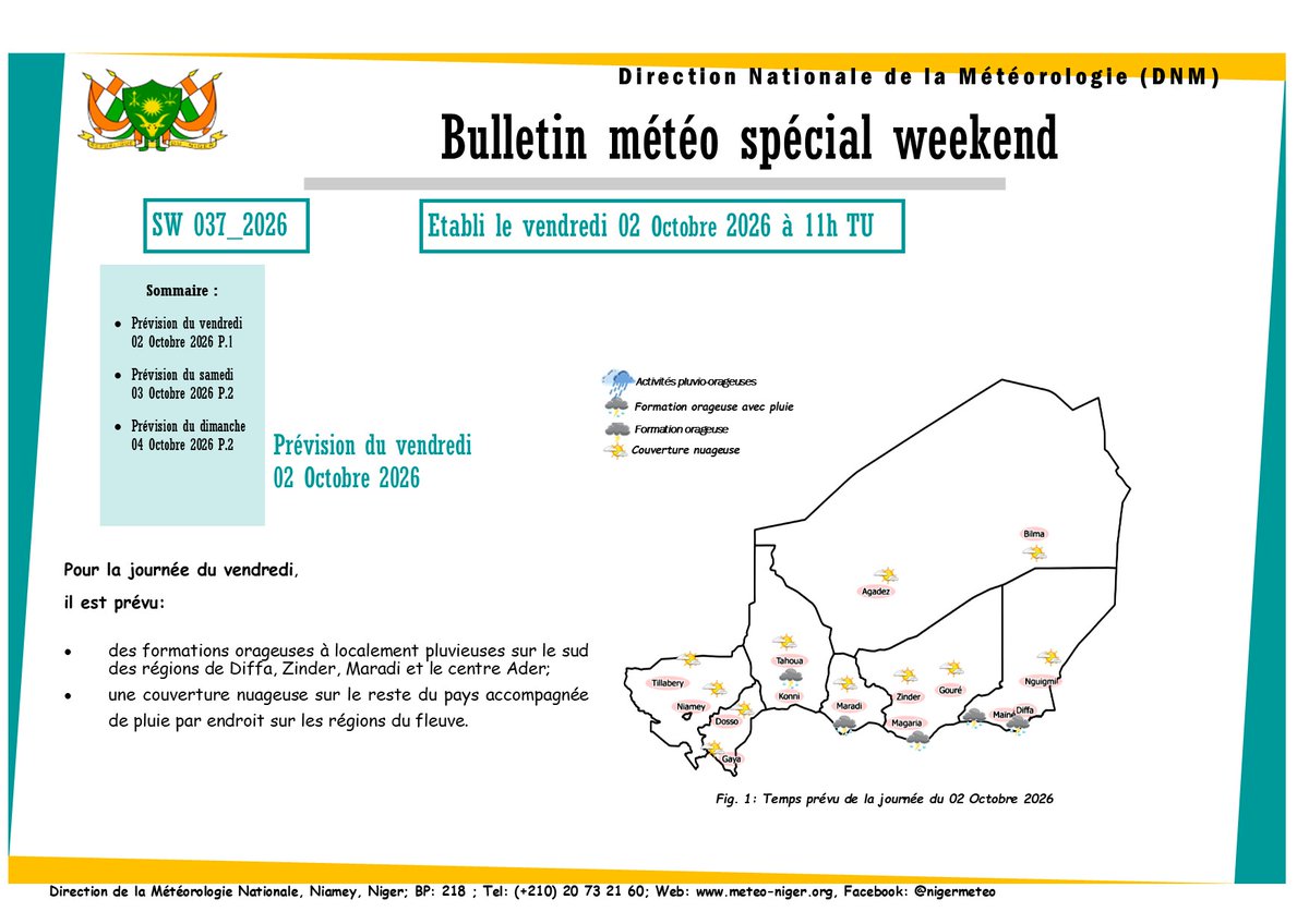 meteo_niger's tweet photo. 📆Bulletin Météo Spécial Weekend du 02 octobre 2026
⏳Valable du 02 au 04 octobre 2026

🇳🇪Météo NIGER: Restez informés pour mieux vous protéger.
#Niger #meteo #climate #pluie https://t.co/dnhc0BxJHb