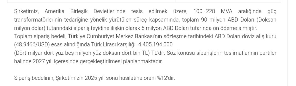 PiyasaOttoman22's tweet photo. #ASTOR Astor Enerji, ABD’de kurulacak tesis için 100–228 MVA güç transformatörleri tedariki kapsamında 90 milyon dolarlık sipariş aldı. 

5 milyon dolar ön ödeme tahsil edildi. https://t.co/qq4Z8jbxgA