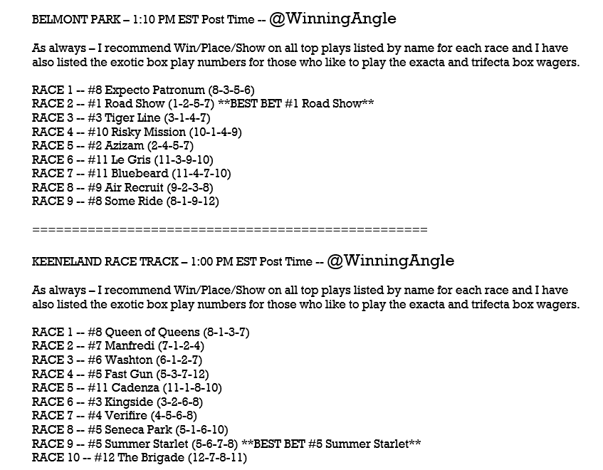 WinningAngle's tweet photo. FRIDAY BELMONT &amp; KEENELAND HORSES 🏇 - Top Plays listed by name for each race (WPS) along with the exotic box play numbers for those that like the exacta/trifecta boxes.  Let's have some fun, enjoy this great day of racing, and start this weekend off right!! https://t.co/5ZicaNTkAo
