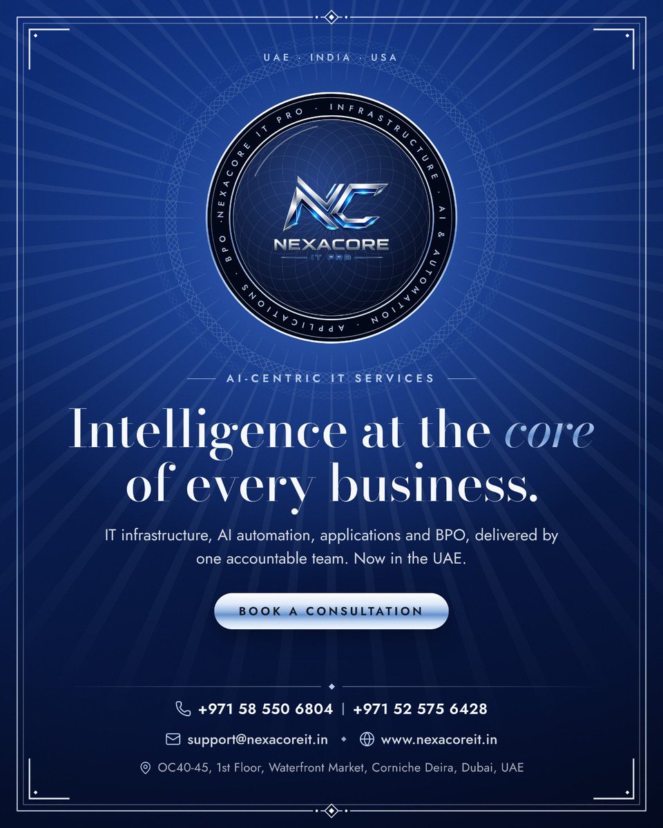 NexacoreITPro's tweet photo. NexaCore IT Pro combines IT infrastructure, AI automation, application development, cybersecurity and BPO through one accountable team.

🌍 UAE | India | USA

🌐 https://t.co/mS10y7V5H2

#NexaCore #AIAutomation #ITInfrastructure #CyberSecurity https://t.co/WNIf349tvD