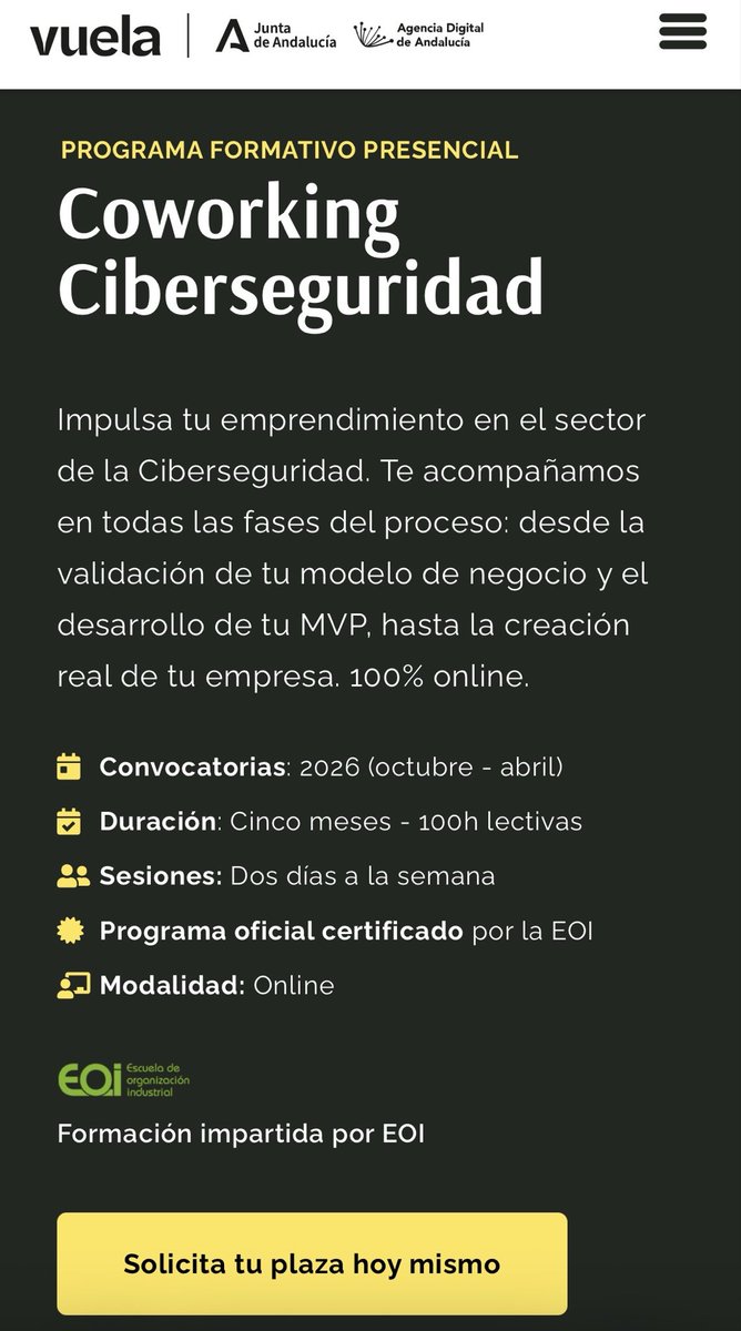 InformaticaUMA's tweet photo. 🔐 Programa Coworking en Ciberseguridad-Andalucía Vuela
@InformaticaUMA informa sobre este programa 100% gratuito y certificado por la EOI:

🗓️ Convocatoria: Octubre - Abril (5 meses)
💻 Modalidad: Online (2 días/semana)
⏱️ 100h lectivas
👇
https://t.co/JnmEKiunZm https://t.co/KxmBWxjKDZ