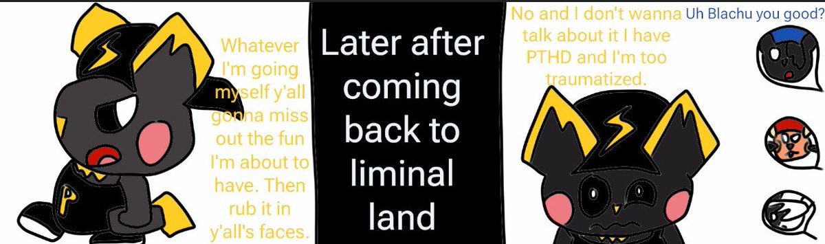 Manman01022004's tweet photo. Here's a scary part for spooky season. Blachu went to the Liminal Land website and saw interesting photos. However, little did he realized that it might be a trap so he asked his friends to go with him but said no. https://t.co/jpgVrdIOrS