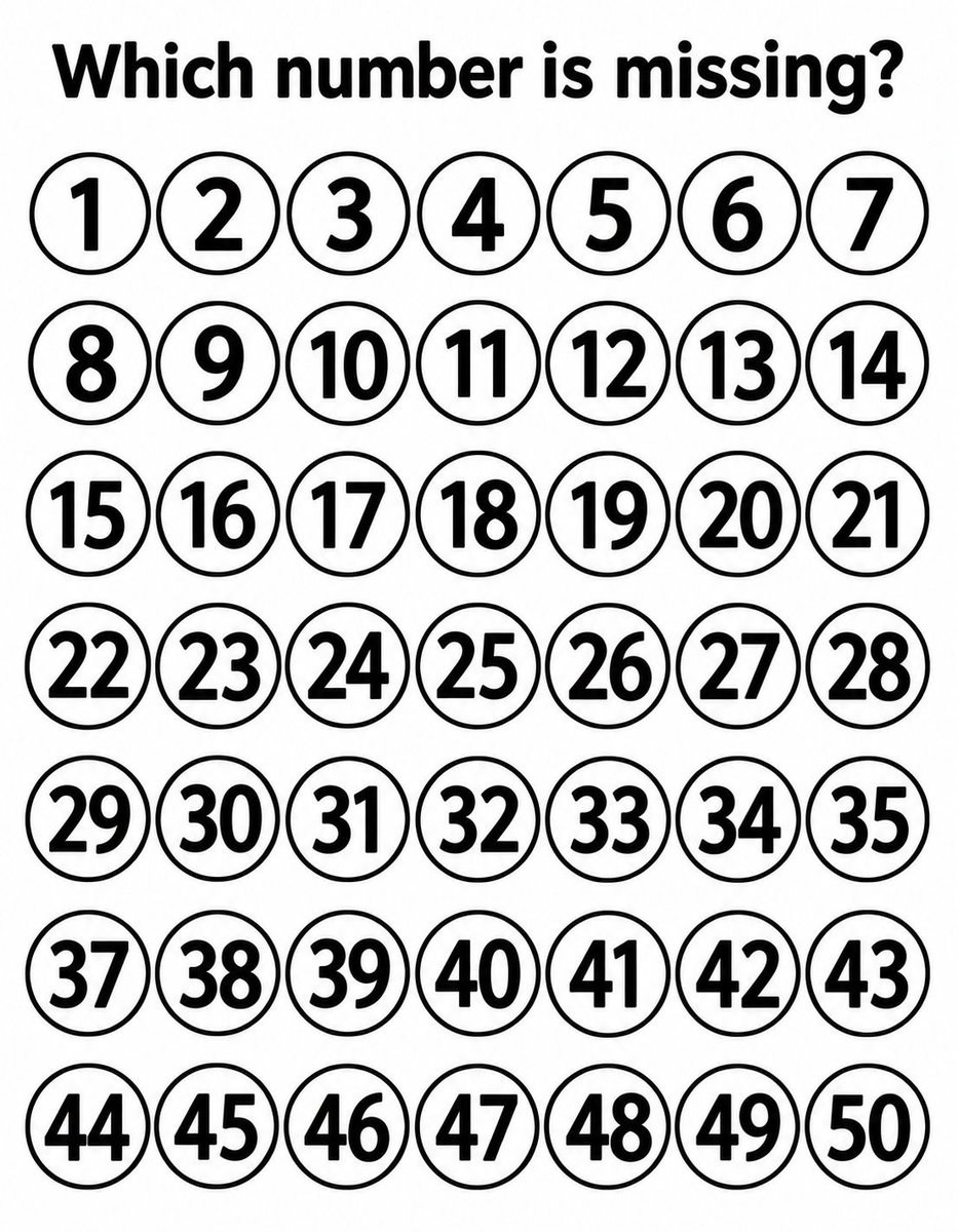 mrxuniverseus's tweet photo. There is one number missing from the list of numbers from 1 to 50.

Can you find the missing number?🤔 https://t.co/KXO0jamPAI