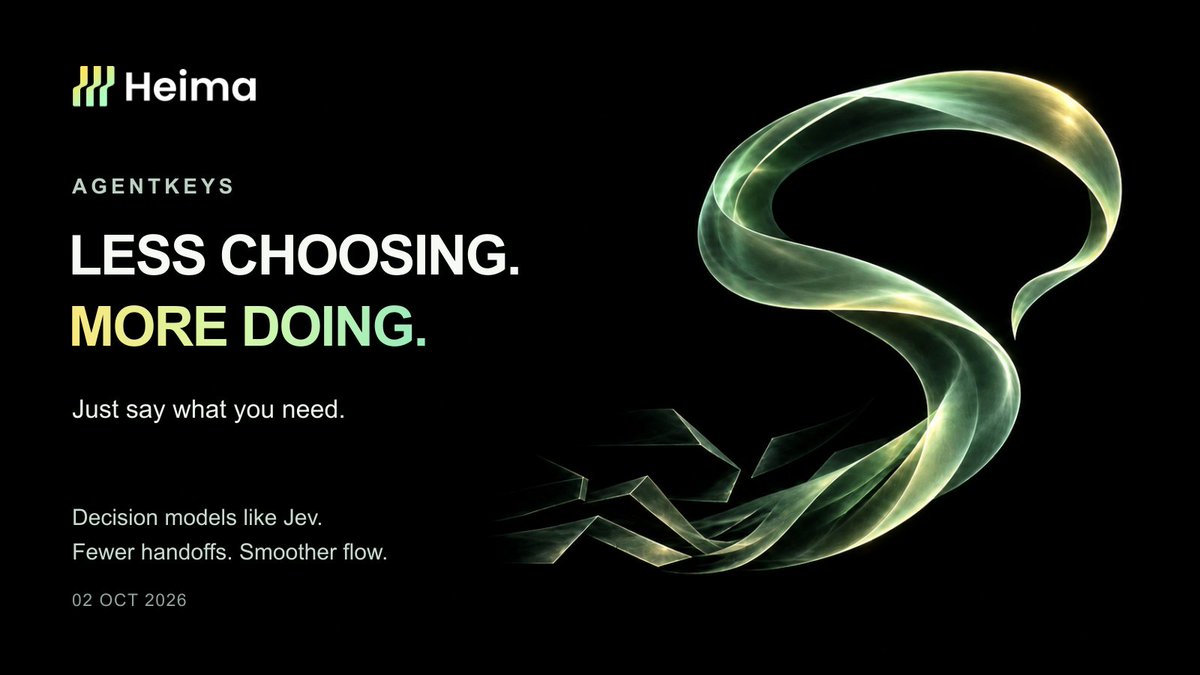 heimaNetwork's tweet photo. The biggest upgrade in AgentKeys isn't another button. It's one less decision you have to make.

Say what you need. For clear requests, AgentKeys chooses the relevant agent automatically. No bot menu to work through, no need to learn which assistant handles what before starting.

🧭 That is the value of decision models like Jev: they are built to make fast, structured choices, with confidence scores, rather than generate a long answer just to decide what happens next.

⚡ In AgentKeys, this approach handles the small handoffs behind a conversation: where a request belongs, whether it continues the previous topic, and which agent should respond. Routing and doing the work become separate jobs, so the conversation needs less manual coordination.

🔑 Less selection doesn't mean less control. Routing stays within your permitted channels, and when confidence is low, AgentKeys asks for clarification.

🏠 For a person or family using several agents, the goal is a more intuitive experience: a familiar conversation instead of a collection of tools to manage.

We're building AgentKeys in the Heima ecosystem to make agents easier to use in everyday life.

Less choosing. More doing.

See the update on Github: https://t.co/9E3UCIde98