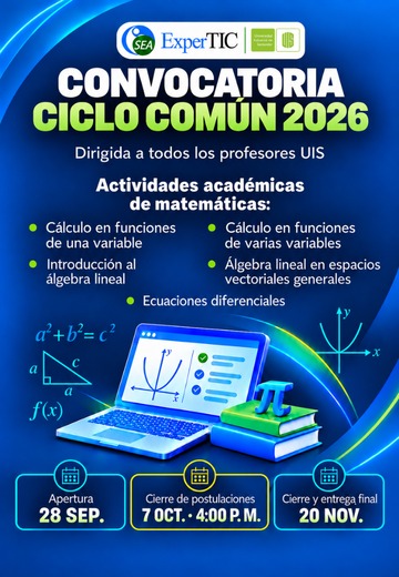 UIS's tweet photo. ¡LANZAMIENTO OFICIAL! Convocatoria ExperTIC Ciclo Común 2026 

Estimados profesores: Ya está abierta la convocatoria para diseñar Aulas Virtuales bajo el Modelo UIS21 en las actividades académicas de Matemáticas del Ciclo Común:
* Cálculo de funciones en una variable 
* Cálculo de funciones en varias variables 
* Introducción al Álgebra Lineal 
* Álgebra Lineal en Espacios Vectoriales Generales
* Ecuaciones Diferenciales

👥 ¿Quiénes participan? Colectivos de dos (2) profesores UIS (Planta, Ocasional o Cátedra) vinculados en 2026-2.
💡 Beneficios por colectivo:
• $5'500.000 en estímulos (OPS para cátedra o equipos/periféricos para planta/ocasional).
 • 160 horas de auxiliatura estudiantil. 
• Soporte de diseño profesional para videos y recursos interactivos.
📅 Fechas clave:
• Apertura: 28 de septiembre 
• Cierre de recepción: 07 de octubre
📄 ¿Cómo postularse? Diligencien la Plantilla Oficial y envíenla mediante el formulario del portal web: https://t.co/p2OYlbchtE
👉 ¡Conformen su dupla y envíen su propuesta a tiempo!
_Si requieres de más información, tienes dudas o si no has conseguido a tu compañero, puedes comunicarte al correo electrónico expertic@saber.uis.edu.co o en la extensión 1063. Además, puedes diligenciar el siguiente formulario y plantearnos tu caso: https://t.co/kHExizxWe4