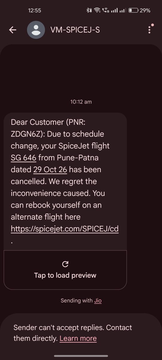 Sakshi33426783's tweet photo. @flyspicejet @DGCAIndia @MoCA_India @RamMNK  My SG646 (Pune-Patna) flight was cancelled yesterday, so I booked another flight. Today it was reinstated. I already made alternate arrangements. Please refund my original ticket. PNR: ZDGN6Z https://t.co/2VEnIsnaon