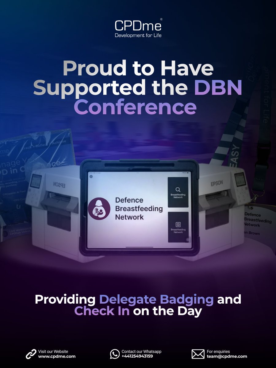cpdme's tweet photo. 💙 Proud to have supported the DBN Conference.

🎟️ CPDme provided the delegate badging and check in service on the day.

📅 From delegate badging to live surveys and CPD accredited certificates, our team handles it all on the day.

#DefenceBreastfeedingNetwork #DBN #CPDme https://t.co/Z8uWxDtXLU