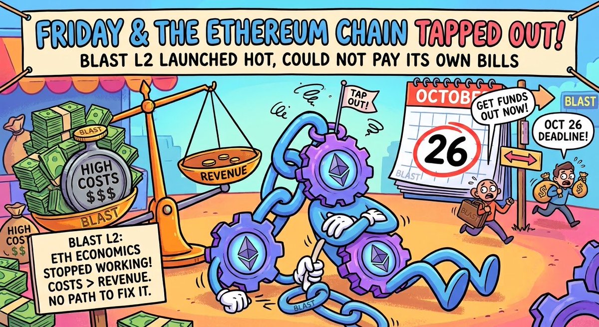 TforTbyT's tweet photo. Friday, and an Ethereum chain just tapped out.

Blast said the economics stopped working. Costs bigger than revenue, no path to fix it, users told to pull funds by Oct 26. Another L2 that launched hot and could not pay its own bills.

XRPL has been settling value since 2012. No venture subsidy required to keep the lights on. Different sport 🧵👇