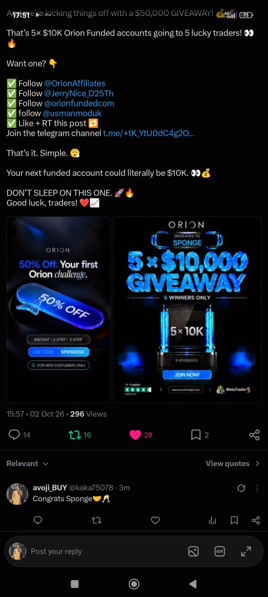 kaka75078's tweet photo. @TradeWithSponge @Orionfundedcom @OrionAffiliates @JerryNice_D25Th All tasks done, let's start October with winning 🥂 https://t.co/QfIXD0kdtg