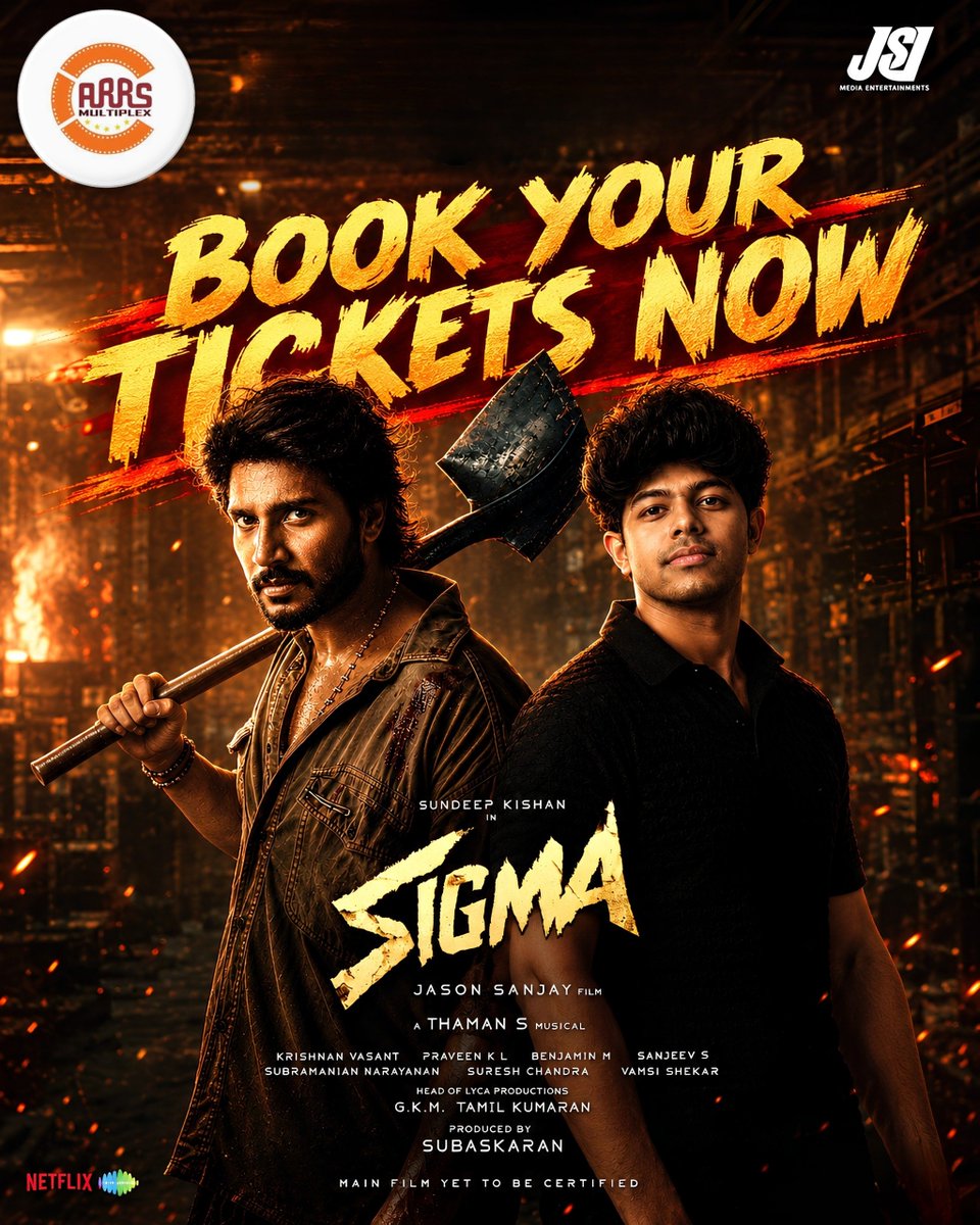 SalemArrs's tweet photo. The action storm arrives! ๐ฅ Grab your tickets now to witness @sundeepkishan in #SIGMA at ARRS Multiplex! Directed by @JasonSanjay with a fire soundtrack by @MusicThaman ๐ถ๐ฅ
#Bookmyshow
โ#SigmaMovie #SundeepKishan #JasonSanjay #ThamanS #LycaProductions #ARRSMultiplex https://t.co/iH8TZ8ju9f