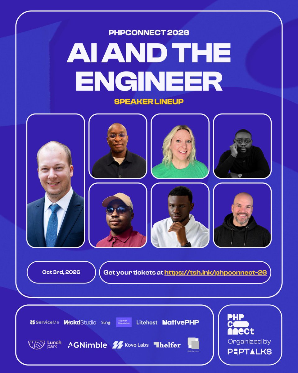 PhpTalks's tweet photo. SPEAKERS LINEUP FOR PHPConnect’26

There is a topic for everyone.

Each session is different from the other. You can learn how PHP works under the hood, improve how you build, discover opportunities in the PHP ecosystem, and explore what engineering looks like in the age of AI.

Here is the lineup:

KEYNOTE

-  @derickr , Creator of Xdebug
      Topic: PHP Internals Deep Dive
Derick will take you behind the scenes of PHP, from how your code is parsed to how it becomes bytecode and runs on the engine.

TECHNICAL SESSIONS

-  @bosunski , Software Engineer
Topic: The Engineer and the Loop

A session for engineers who want to improve how they approach problems, build, test, and keep improving their work.

-  @iamahless , Software Engineer
From Prompt to Production: Building Better Software with AI
Alexander will show you practical ways to use AI for development, debugging, testing, and problem solving, while still making the right engineering decisions.

-@ShaneDRosenthal , Co-Founder of NativePHP
Topic: Building Native Apps with PHP: From Hot Reloading to the App Store with SuperNative & Bifrost

Shane will build a native app from scratch, taking you through hot reloading, syncing with Bifrost, and deploying the app all the way to the App Store.

TALKS

@ElizabethN , Executive Director, PHP Foundation
PHP Foundation: Communities, Contribution & Opportunity

Discover how you can get involved in the PHP ecosystem, contribute to the community, and find new opportunities beyond your everyday work.

@ohpauladams , Senior Software Engineer, https://t.co/d06LYHLyFb
Building an AI-Powered E2E Testing Platform

Paul will share what it took to build Testsnag, including the architecture decisions, trade-offs, production challenges, and lessons from building a real product.

Jesutomiwa “JT” Salam, Senior Software Engineer, Avelis Health
Engineering in the Age of Abstraction

@jesutomiwajs will explore what it means to be an engineer when the way we build software is changing, and the skills engineers need to keep developing.

Different sessions. Different takeaways.

One lineup built for developers at different stages, with different interests, and different goals.

📅 October 3, 2026
🌐 100% Free and Virtual
🎟️ Save your seat: https://t.co/TgC2ueMRBh

#PHPConnect26 #AIandtheEngineer
