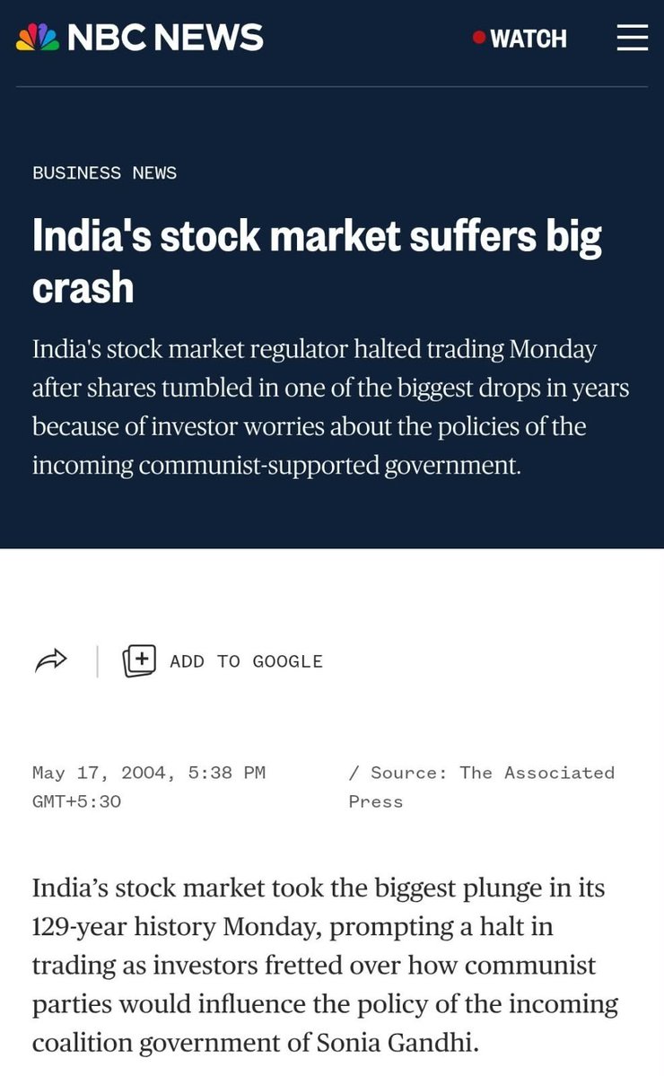 Mrsinha's tweet photo. "This was India also a few years ago..."  
On May 17, 2004, the Sensex suffered its biggest single-day crash in history, plunging 15.52% and forcing trading to halt twice after hitting lower circuits due to panic over the communist-supported UPA coalition.

And what came after that May 2009 upper circuit you keep romanticizing? 
A brutal 6 years and 2 months of literally ZERO returns from January 2008 to March 2014—all while runaway double-digit inflation wiped out middle-class purchasing power.  
Crying that a routine valuation breather "fails to match FDs" while concealing an entire 6-year lost decade of zero equity growth under the UPA is peak hypocrisy.