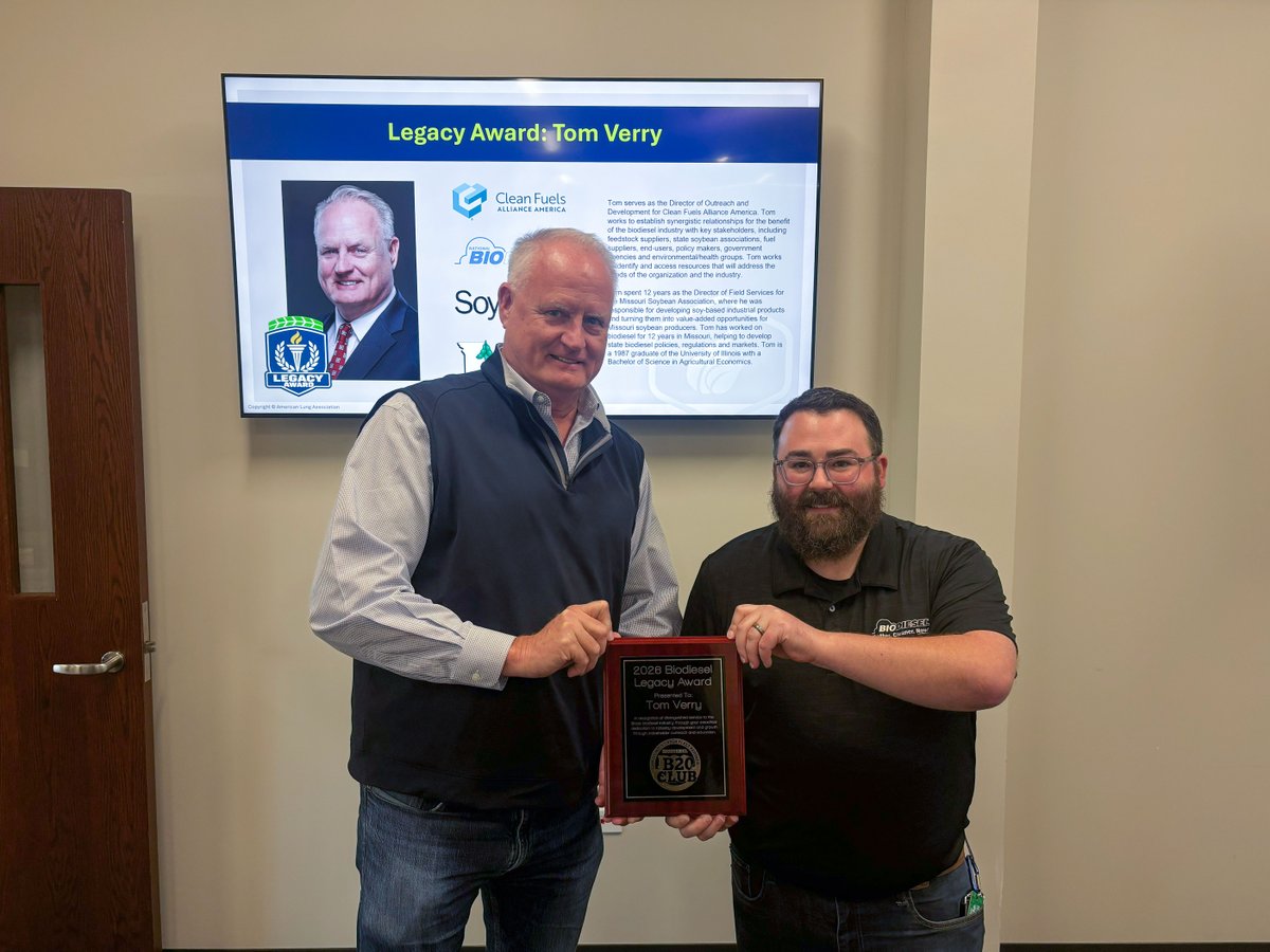 CleanFuelsAA's tweet photo. Clean Fuels Director of Outreach and Development Tom Verry (@FriedRide) was recognized by @B20Club with the 2026 Biodiesel Legacy Award. 

With nearly 30 years in the #biodiesel industry, Tom has played a key role in building relationships between soybean growers, fuel producers and end users, while securing funding to grow markets for #cleanfuels. 

A well-deserved honor for a career dedicated to strengthening partnerships and creating new opportunities for biodiesel.

#connectedenergy