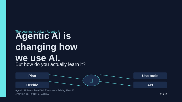 jenesisai's tweet photo. Want to learn Agentic AI but don't know where to start? 🤖

Try using AI to learn AI.

With Jenesis AI, you can:
→ Build learning roadmaps
→ Simplify complex concepts
→ Practice with quizzes
→ Generate project ideas
→ Explore AI agent workflows

Learn → Practice → Build → Improve 🚀

https://t.co/drVWKyaykV

#AgenticAI #AI #AIAgents