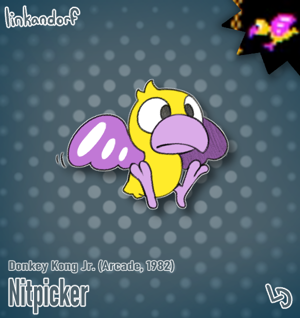 everymariochara's tweet photo. #17 - Nitpicker

Donkey Kong Jr. (Arcade, 1982)

Another bird, these ones found more naturally in the wild, although still seemingly deployed by Mario. I guess if he's kidnapping DK in a cage, it'd make sense he has other animals at his disposal... Frightening. https://t.co/fCHzoWkYTC