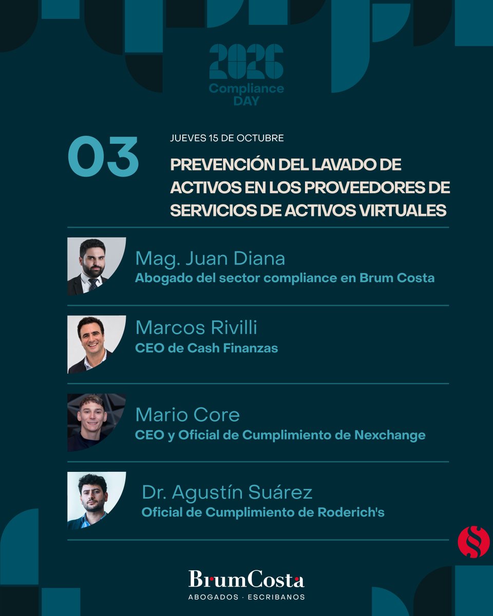 BrumCostaAbgs's tweet photo. Activos virtuales y prevención del lavado de activos: herramientas y criterios de control. Juan Diana (Brum Costa), Marcos Rivilli (Cash Finanzas), Mario Core (Nexchange) y Agustín Suárez (Roderich's), en el Compliance Day 2026.
15/10 · Opta Coliving
https://t.co/HnAeEBrD0M https://t.co/2mwLgnTG8f