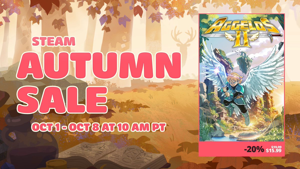 A promotional graphic for the "STEAM AUTUMN SALE" running from "OCT 1 - OCT 8 AT 10 AM PT", featuring a 20% discount on the game "Aggelos II" priced at $15.99.