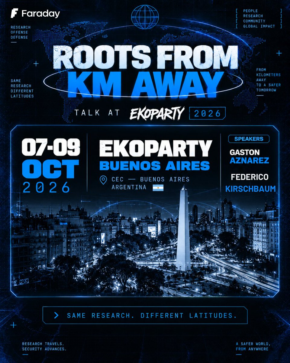 faradaysec's tweet photo. La charla que recorrió el mundo vuelve a casa 🌎

Después de Black Hat, DEF CON, SEC-T, OB1 y NOPCON, "Roots from KM Away" llega a @ekoparty.

🇦🇷 07–09 OCT - CEC, Buenos Aires 🎤 Gastón Aznarez &amp; Federico Kirschbaum

De kilómetros de distancia a unas cuadras de casa. https://t.co/e3UAG9b7jW