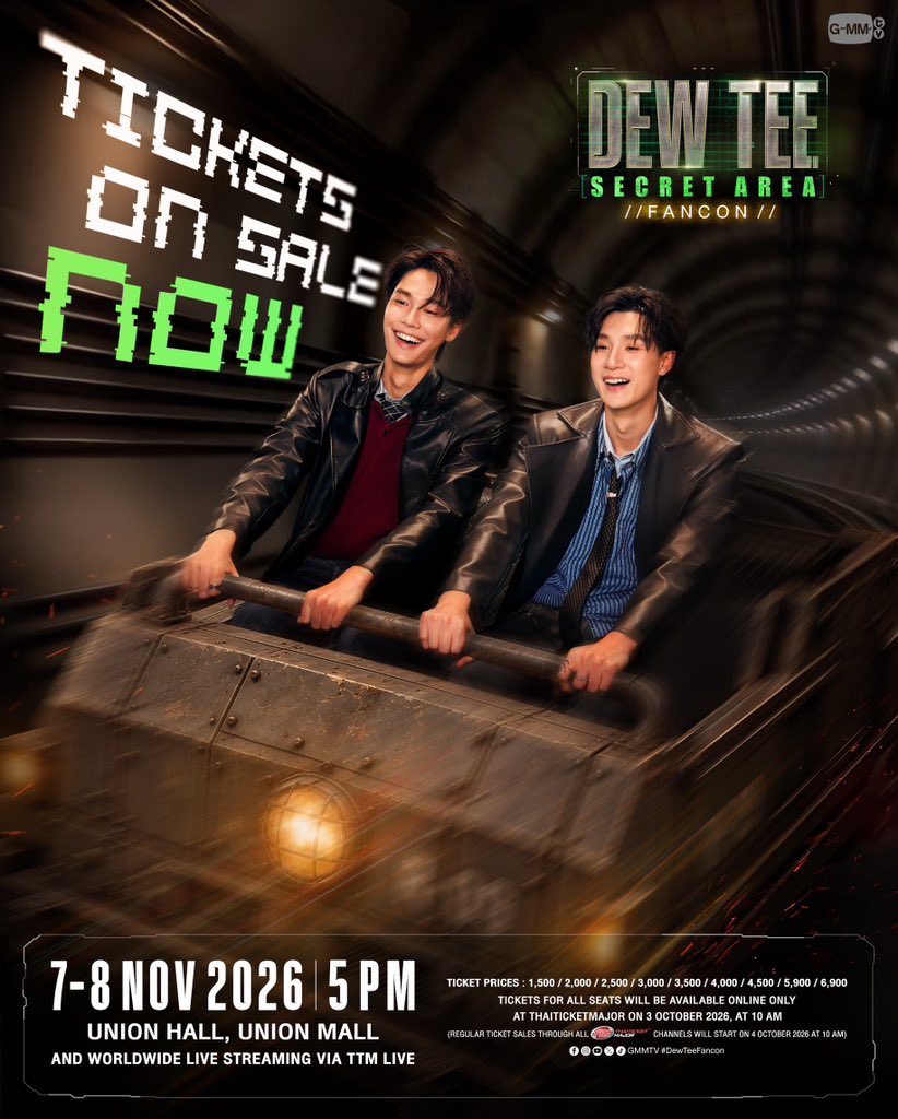 GMMTV's tweet photo. TICKETS ON SALE NOW!! #DewTeeFancon  
DEW TEE SECRET AREA FANCON 🤫 

BUY TICKETS 👉🏻 : https://t.co/jONBMSYkKU

SEE YOU ON 7-8  NOVEMBER 2026
📍Union Hall, Union Mall 
And worldwide live streaming via TTM LIVE

#GMMTV 
@dew_jsu @vitheepanich https://t.co/8MZ04KsF8h
