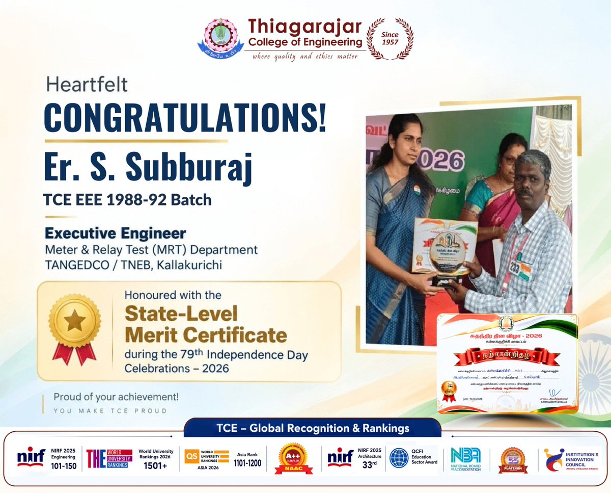 tceofficialpage's tweet photo. 🏆 Congratulations to Er. S. Subburaj, TCE–EEE (1988–92), Executive Engineer, TANGEDCO/TNEB, on receiving the State-Level Merit Certificate at the 79th Independence Day Celebrations 2026. 🇮🇳👏 #TCE #TCEAlumni #AlumniAchievement #ProudAlumnus https://t.co/dvYdjaAgFU