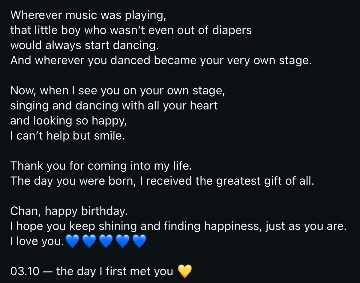 backsdoors's tweet photo. oh my god jessica’s insta post for chan’s birthday 🥺🥺 

“wherever music was playing, that little boy who wasn’t even out of diapers would start dancing […] now, when i see you on your own stage, i can’t help but smile” 🫶🏻 https://t.co/agwyz4YL2D