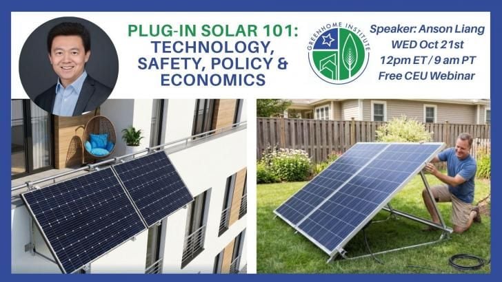 rateitgreen's tweet photo. Free Webinar: Plug-In Solar 101: Technology, Safety, Policy & Economics, October 21, 12 pm ET https://t.co/aV8UlVGdCv #GHI #GreenHomeInstitute #pluginsolar #solar #energy #renewableenergy #distributedenergy #electrification #homes #resilience #health #free #greenbuilding https://t.co/0W0RFOCRF4