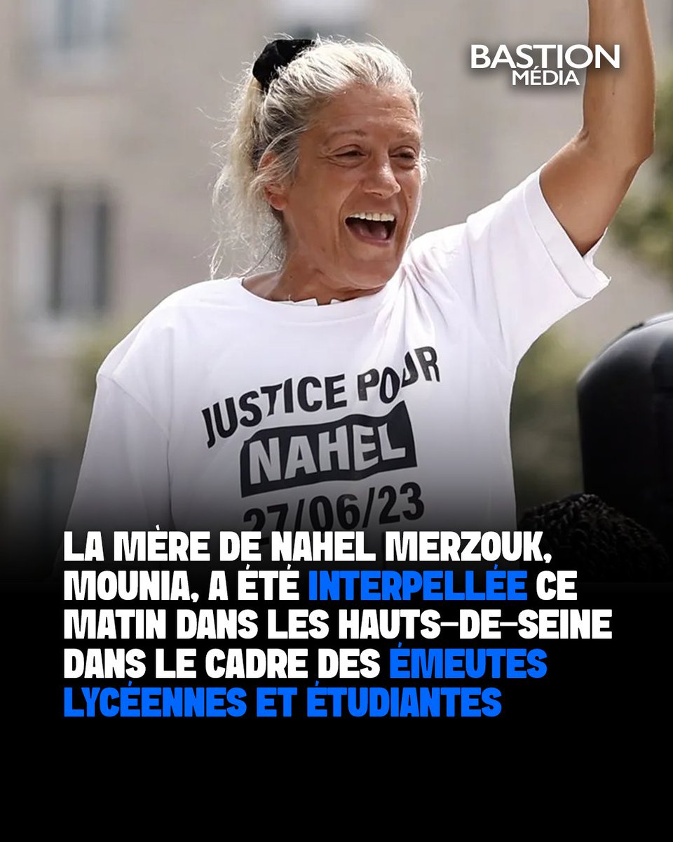 BastionMediaFR's tweet photo. 🔴🇫🇷 𝗙𝗟𝗔𝗦𝗛 𝗜𝗡𝗙𝗢 — La mère de Nahel Merzouk, Mounia, a été INTERPELLÉE ce matin dans les Hauts-de-Seine dans le cadre des ÉMEUTES lycéennes et étudiantes.

(Source : Le JDD - @GeoffroyAntoin2) https://t.co/4akAri7eOU