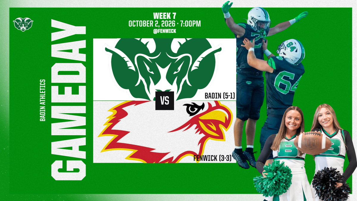 RAMSSPORTS's tweet photo. GAMEDAY

Week 7
Badin (5-1) @ Fenwick (3-3)

📍- Fenwick HS

🎟️ - https://t.co/9B7jovvN3p
CASH ONLY AT GATE

📺- https://t.co/AasX7Fs7AK

#HarkYe 🐏 https://t.co/zbywiz4EQX