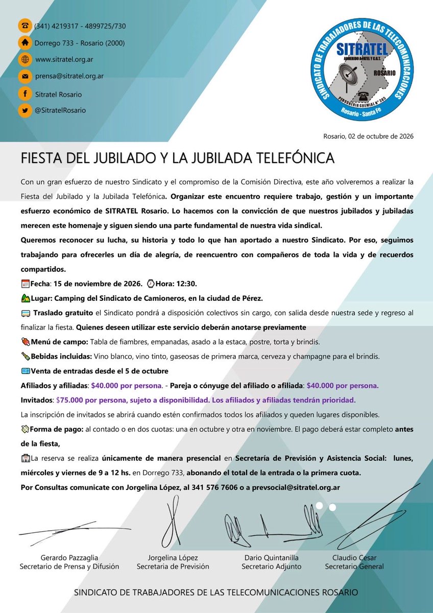 SITRATELRosario's tweet photo. Compartimos comunicado de la fiesta de jubilados telefónicos 2026 https://t.co/d4x4LTI06A