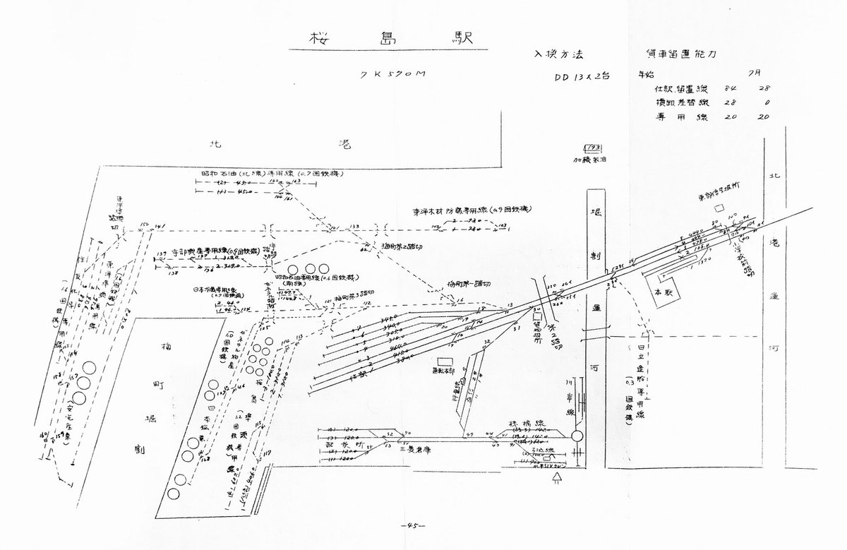 Hiropon26177268's tweet photo. 折角なので、安治川口〜桜島周辺の配線略図です。西側専用側線が無い時代、昭和56年前の物のようです。また遡りますが昭和39年時点桜島駅周辺の専用線配線略図も添えておきます。

#国鉄貨物輸送 https://t.co/Y2KNEMEa5i