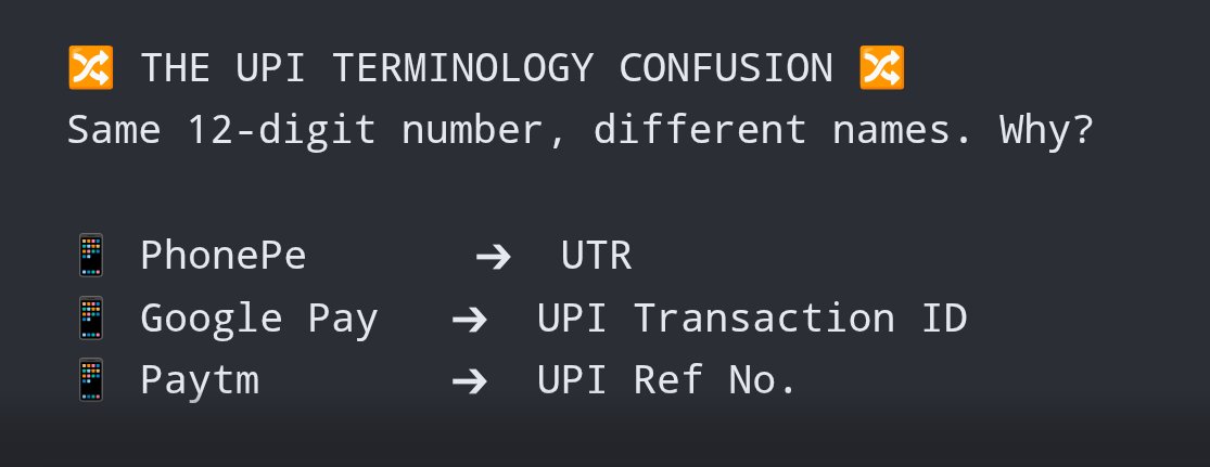 NeoUnlockd's tweet photo. @NPCI_NPCI @UPI_NPCI @dilipasbe why do different apps use different names for the same 12-digit number? @PhonePe calls it UTR, @GooglePayIndia calls it Transaction ID, @Paytm calls it Ref No. It creates confusion during failed payment disputes
Please mandate uniform terminology! https://t.co/BoTwnP1G6G