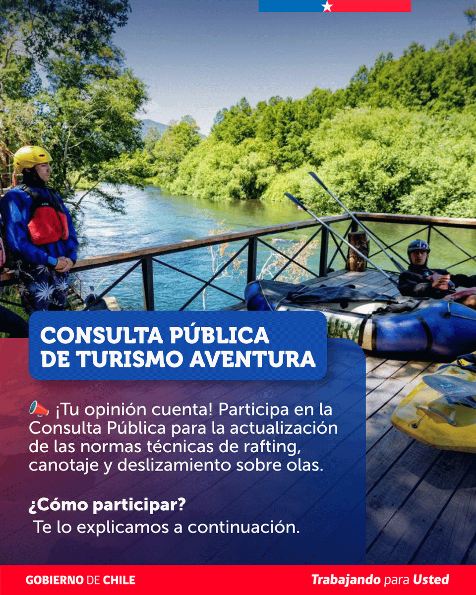 Sernatur's tweet photo. @Sernatur_RM @sernaturcoquimb @sernatur_1 @SernaturLagos @DescubreLosRios @sernatur_valpo @SernaturNuble @SernaturMaule @sernaturaysen @subturismo @Sernatur_XV @Sernatur_IX @SernaturBioBio @Sernatur_VI @SernaturAtacama @Sernatur2 📣 ¡Tu opinión puede marcar la diferencia!

Te invitamos a participar en la Consulta Pública y aportar con tus observaciones para fortalecer las normas técnicas de turismo aventura.

🔗En este post te explicamos cómo dejar tus observaciones paso a paso en https://t.co/diFpWr0jlJ https://t.co/sG4k7lgX1e
