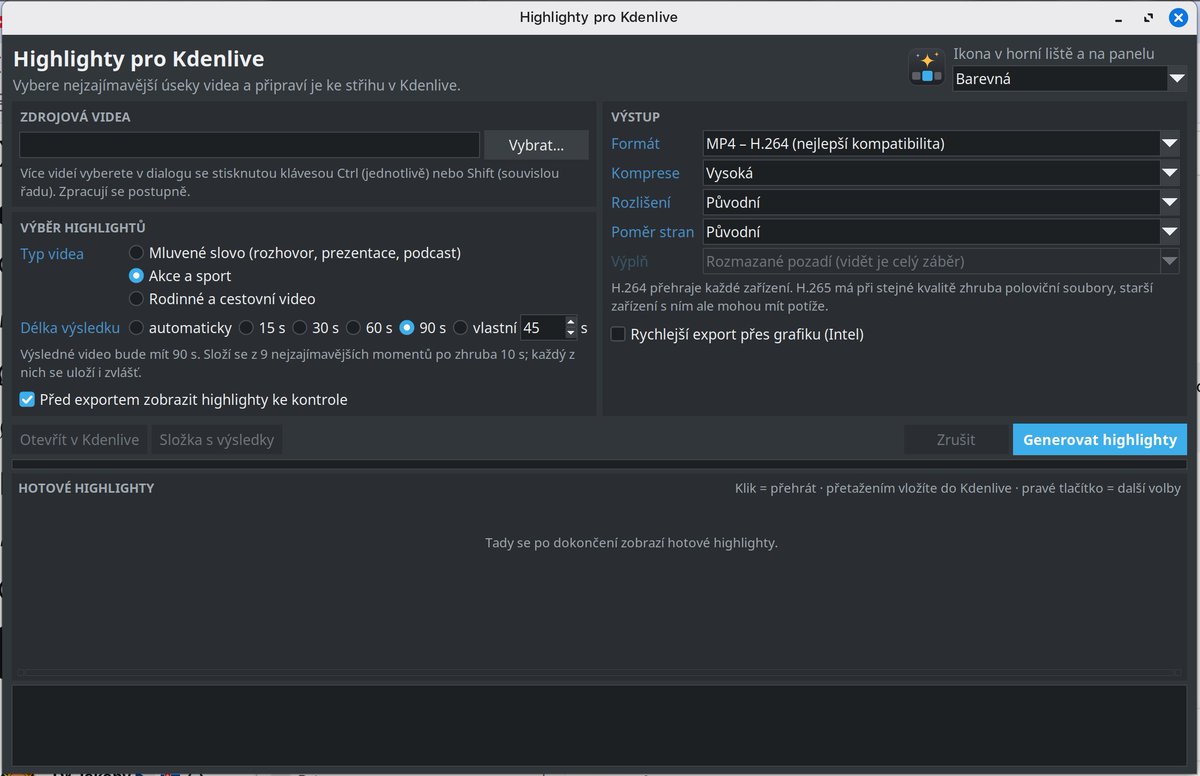 prupet's tweet photo. Malý nástroj pro Linux: Highlighty pro Kdenlive. Nahrajete video, zvolte typ, délku a program sám vybere nejzajímavější momenty a složí z nich video. Všechno běží lokálně na vlastním počítači, bez nahrávání do cloudu.
#Linux #Kdenlive #střihvidea #Mint https://t.co/HkFXpm8vnG