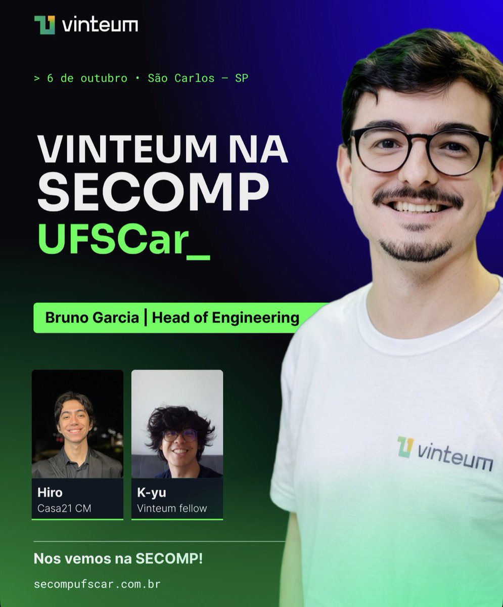 Vinteum_org's tweet photo. Our Head of Engineering, @brrrunog, will be speaking at SECOMP UFSCar on October 6.

Stop by the Vinteum booth to meet @BitCoisas and @KYU2029255 and talk about Bitcoin research and open source.

https://t.co/kgsHVLtLqq https://t.co/OhEJ0RcxtC