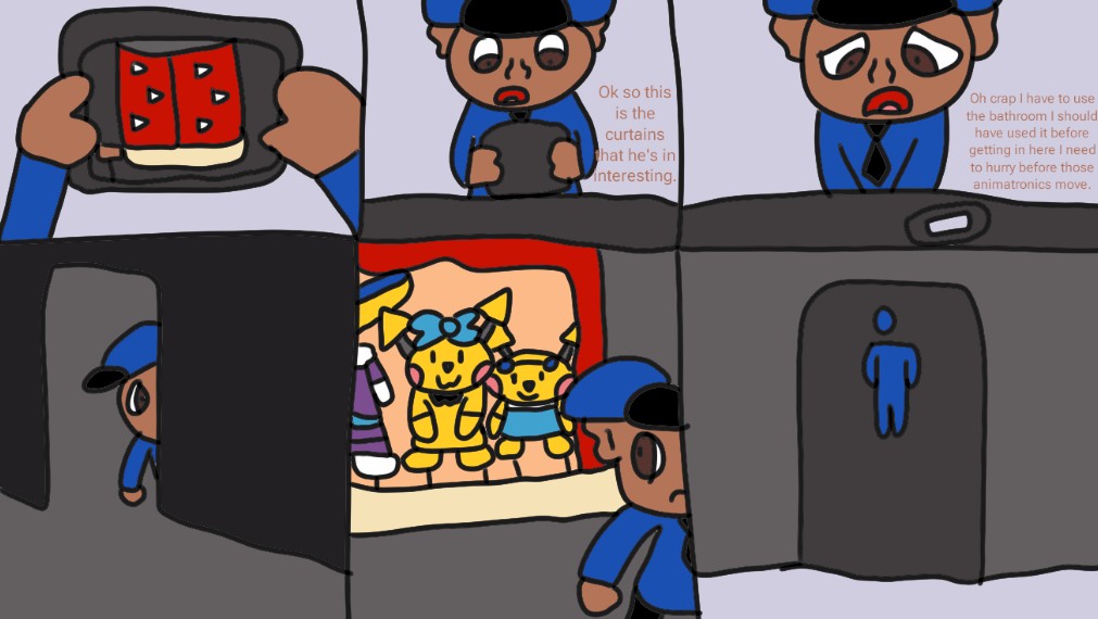 Manman01022004's tweet photo. Night 2. After Florian gave me tips for the next night I need to keep an eye on not only Sparks Lime and Penchu but also Tristan who's in the stream cove. All of a sudden I have to use the bathroom so I hurry before those animatronics move around. https://t.co/5C2S0SAC6z