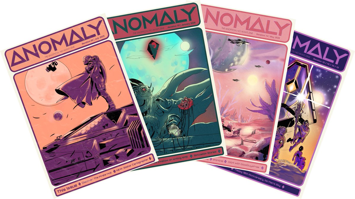 NoMansZine's tweet photo. Good afternoon, Traveller friends!

The archive is open! The complete collection of ANOMALY: The Unofficial No Man’s Zine is now available: all 16 issues, from first scan to final voyage, free to download at https://t.co/qi3h4egCBV

Crammed across throughout our excursions:

🎨 Sixteen stunning covers illustrated by @vestele8
🖍️ A full set of printable therapeutic colouring pages for little (or larger) travellers
🚀 Recurring USN mission & expedition logs by @sham_da_wowNMS
🌀 Choose-your-own-adventure, custom expeditions
🎶 A rave at the end of the universe & a mini musical journey
🍽️ The Cronus Cookbook, merch drops & festive specials
♦️ Original deep lore stories & tales from universe’s darkest corners
🛠️ Modding guides, dataminer chats & community built tools
💬 Q&As with @HelloGames adjacent creators, builders, community members & new players
✨ Tales of friendship across the stars, stranded survival, piracy & finding home
🧩 Puzzles, meet-up recaps & hundreds of pages of NMS goodness

Every iteration is waiting for you. Dive back in whenever the stars call.

#Zine #NoMansSky #ノーマンズスカイ @NoMansSky