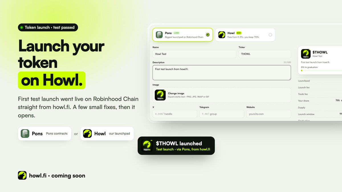 mrmamba_nft's tweet photo. First token launch from https://t.co/2ORpaDyI3C: it works ✅

$THOWL launched on Robinhood Chain straight from the Howl site, through Pons' own launch contract.

One bug showed up: the logo didn't load on some sites at first. I fixed it, and I'm closing out the last small issues now.

Token launch opens on Howl very soon. 🐺