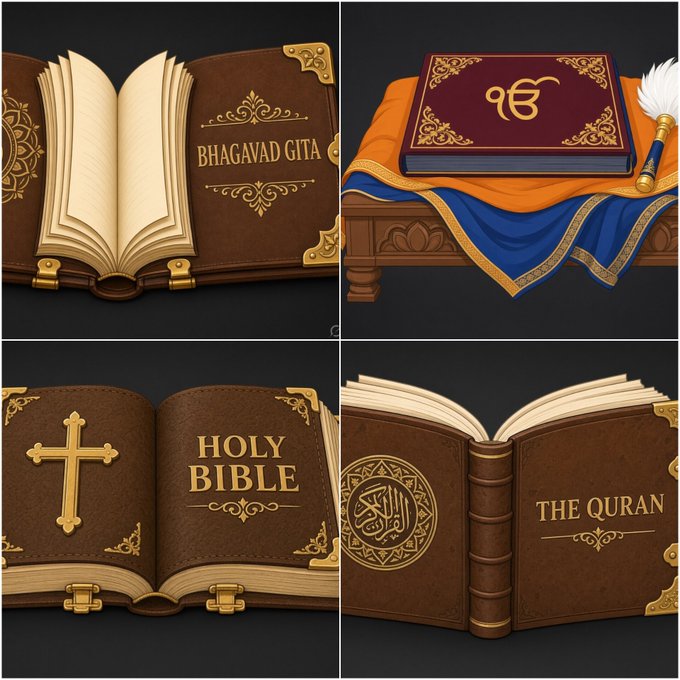 The image displays four religious scriptures—a copy of the "Bhagavad Gita," a Sikh scripture with an "Ik Onkar" symbol, the "Holy Bible" with a cross, and "The Quran"—rendered as ornate, leather-bound books with gold embellishments.

The post asks Grok to remove these religious scriptures from the picture, implying they are fabricated or misleading depictions, possibly because the illustration conflates or stylizes sacred texts in a way that could be seen as inauthentic or disrespectful.