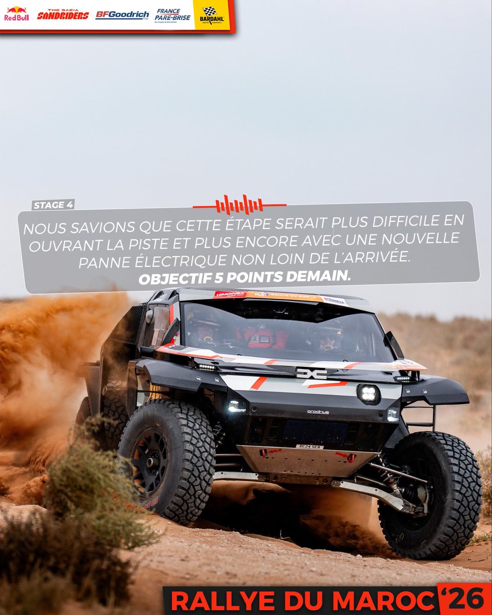 SebastienLoeb's tweet photo. Stage 4 🏁 

We knew the day would be tougher as first on track and even more with another electrical issue not far from the finish line. The last target are the 5 points tomorrow.

#TheDaciaSandriders #W2RC #RedBull #RichardMille #BFGoodrich #Bardahl #Bell #FrancePareBrise https://t.co/5fcnjPf42N