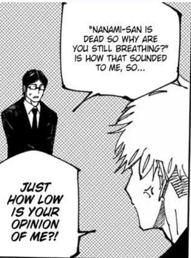 Nanamis_love's tweet photo. I believe Ichiji carry a lot of survivor’s guilt, he’s alive because of Nanami but the man that saved him is gone..
Why is his first line of thought “why am i breathing when Nanami is dead, isn’t that what you think?” when Gojo expressed shock about Nanami’s death! https://t.co/iNda2jZXZk