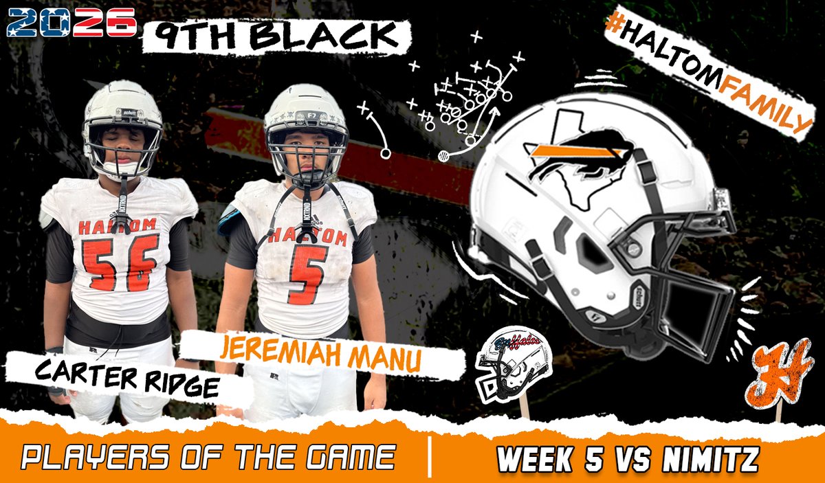 Coach_JWTucker's tweet photo. Week 6 - 9th Grade Black Team Players of the Game are Carter Ridge &amp; Jeremiah Manu. 
#HaltomFamily @HHSBuffFootball https://t.co/U4NNJUB6B0