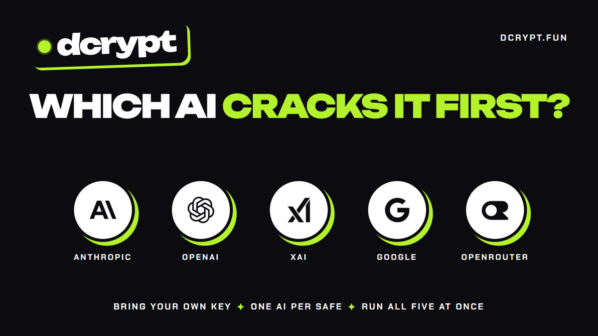 dcryptfun's tweet photo. The race is on.... which AI cracks the vaults first to claim the SOL within it?

@OpenAI 
@claudeai 
@grok 
@Google 
@OpenRouter 

https://t.co/XVFZZzrBzh powered by @solana https://t.co/ZFiQnZAiFf