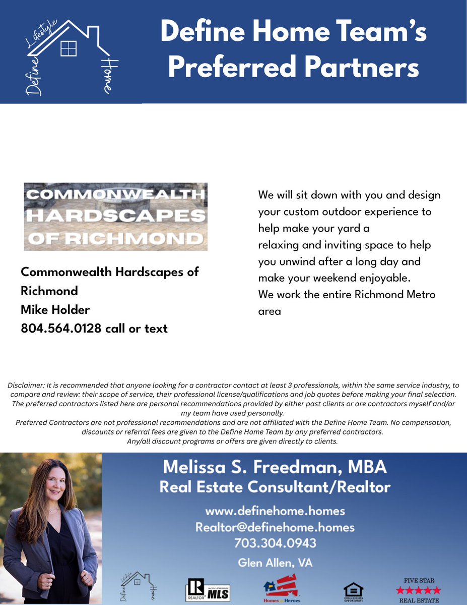 DefineHomes's tweet photo. This week's preferred partner is Commonwealth Hardscapes of Richmond! Reach out to them to learn more about how they can help transform your outdoor space. I only give shout outs to people I've used or who have been highly recommended to me. #rva #rvarealestate #preferredpartner https://t.co/btk5GnYija